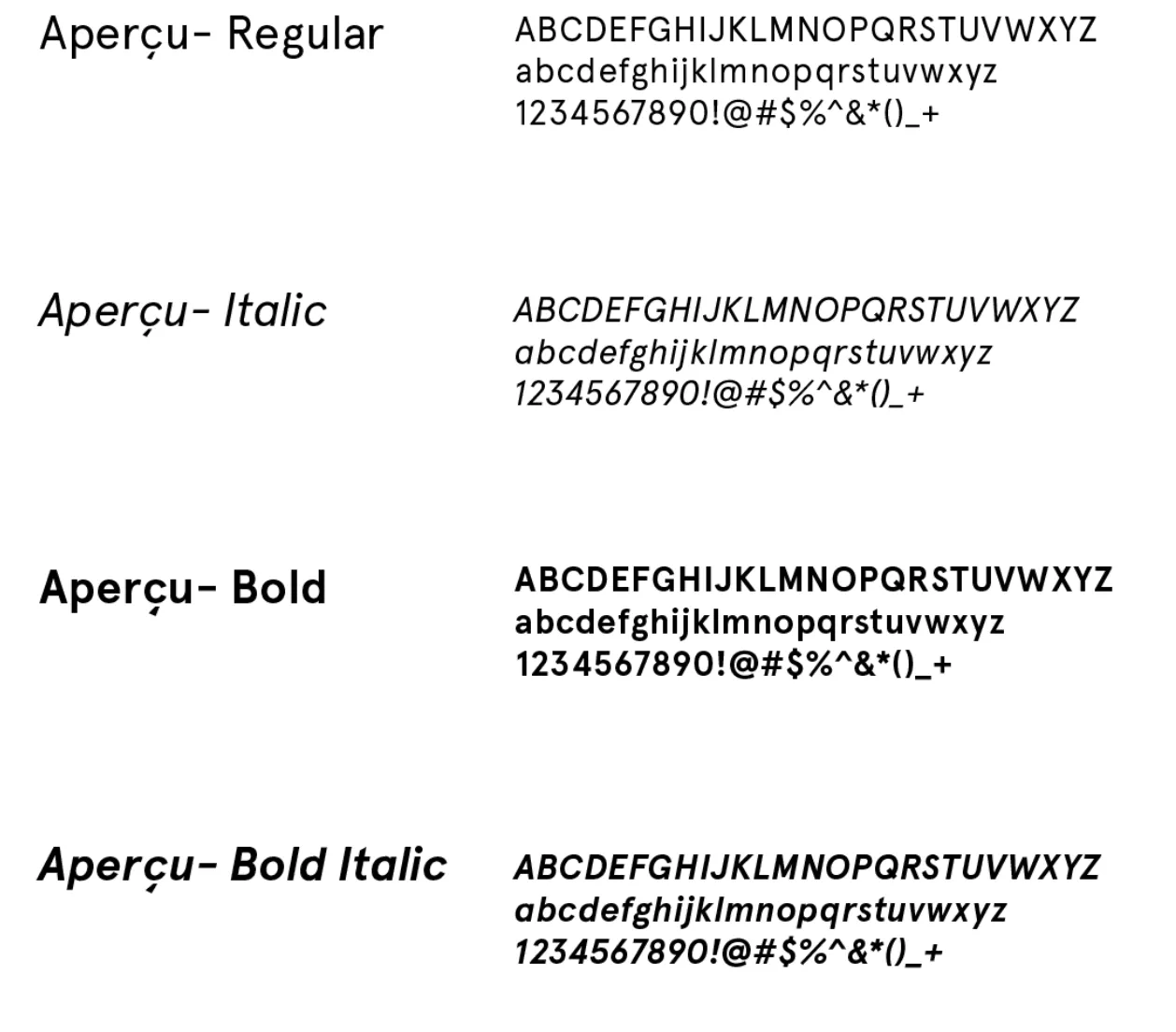 Screenshot with visual examples of different versions of the Apercu typeface