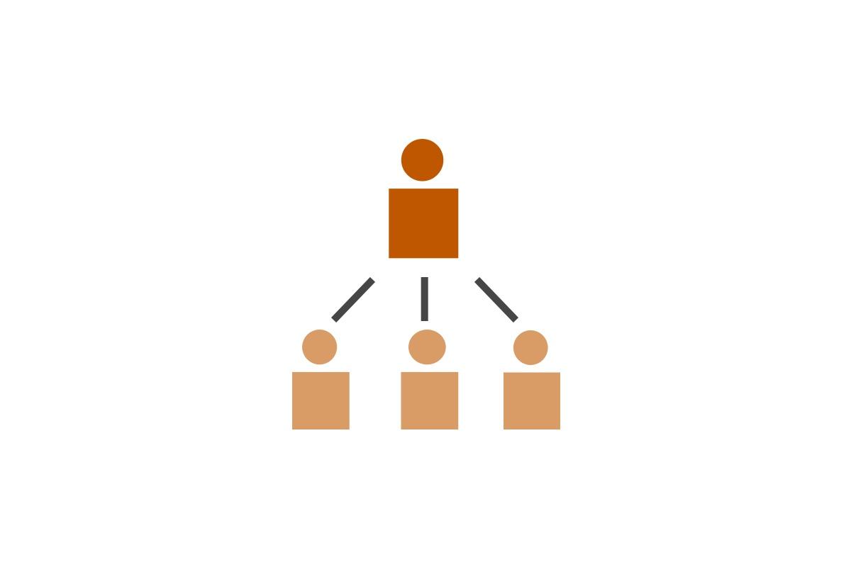 An illustration of an staff org char with manager at the top of a pyramid with three staff under them