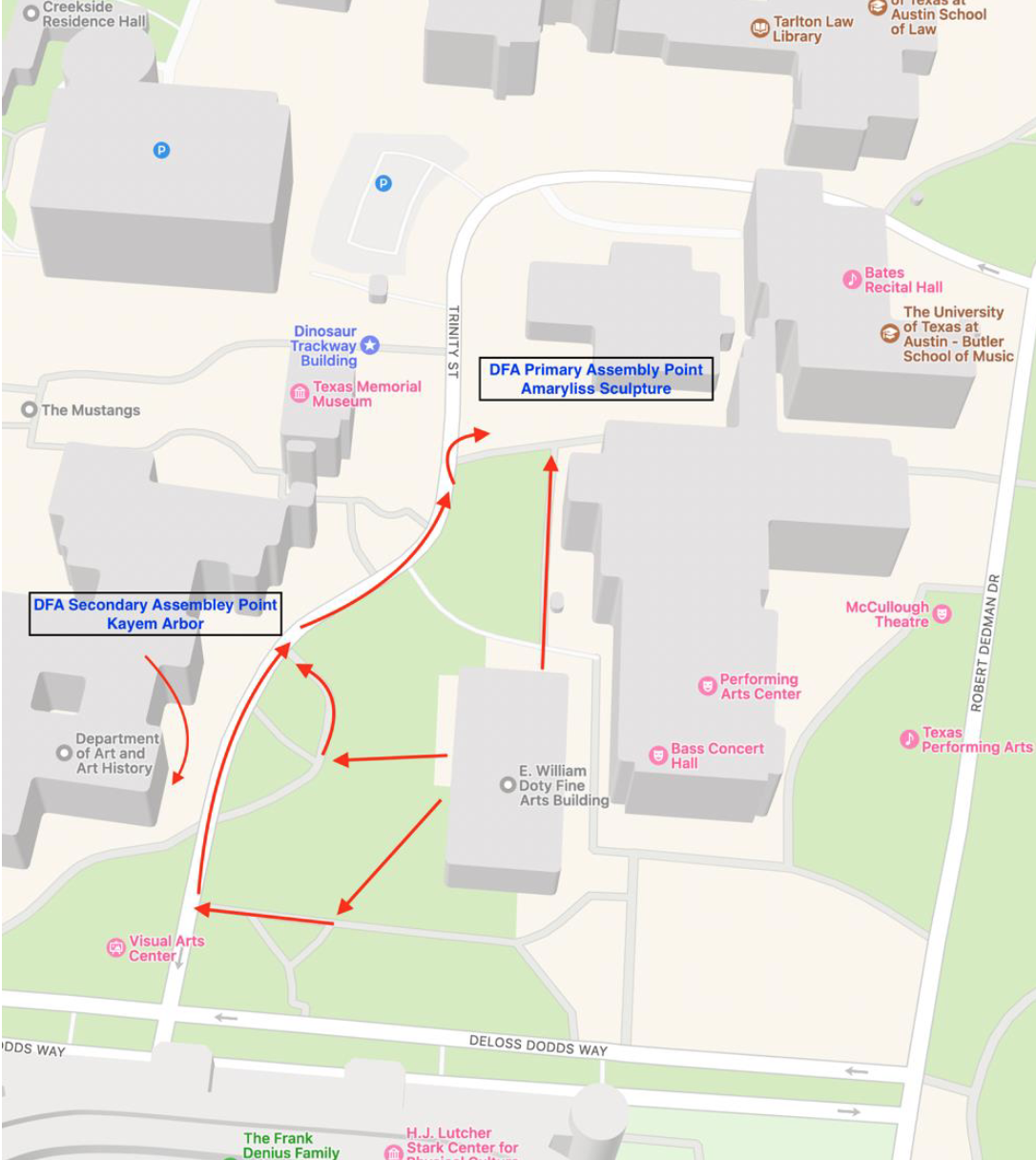 A map showing routes of evacuation for Doty Fine Arts Building