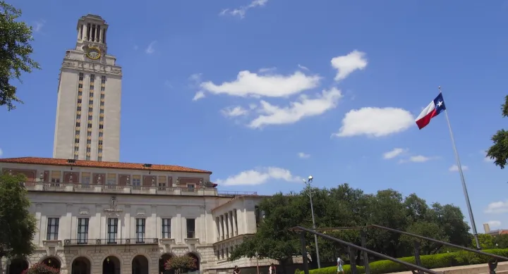 Front steps of UT Tower with blue skies